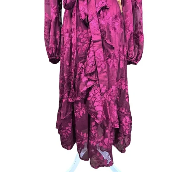 Lulu's Faux Wrap Midi Dress Large Party Holiday Chiffon Embroidered Asymmetrical - Picture 10 of 17